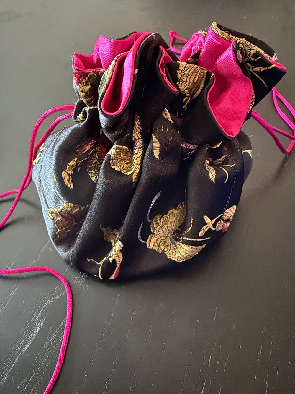 Elegant Black & Fuchsia Floral Drawstring Pouch